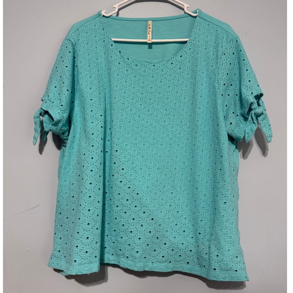 Lea & Nicole Women's XXL Turquoise Eyelet Lace Tie Sleeve Knit Back Blouse 1735